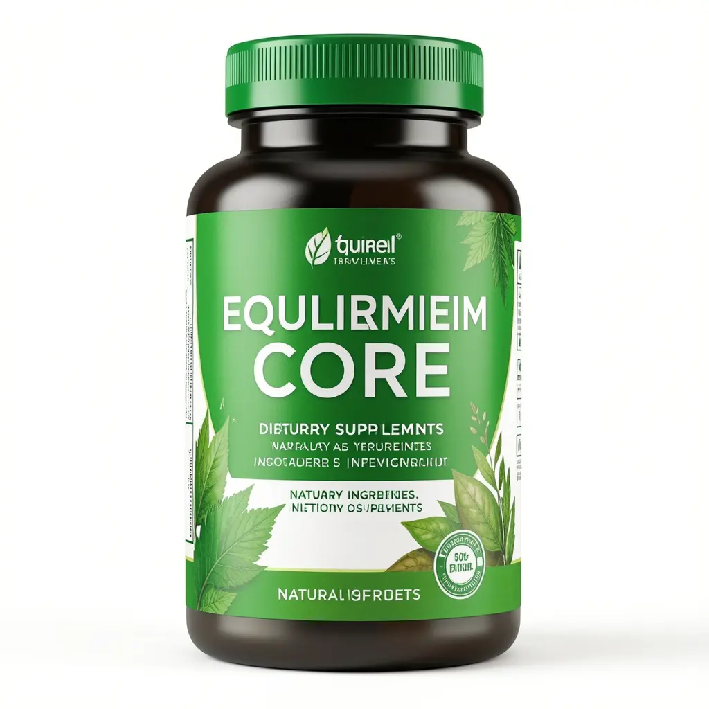 Equilibrium Core dietary supplement bottle with green label and natural ingredients